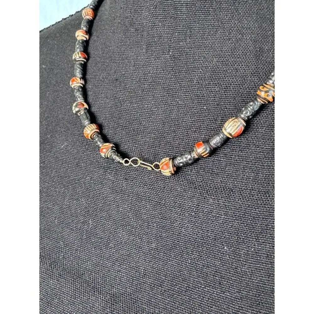 Vintage African Trade Bead Necklace Black Etched Tribal Glass Pattern Boho